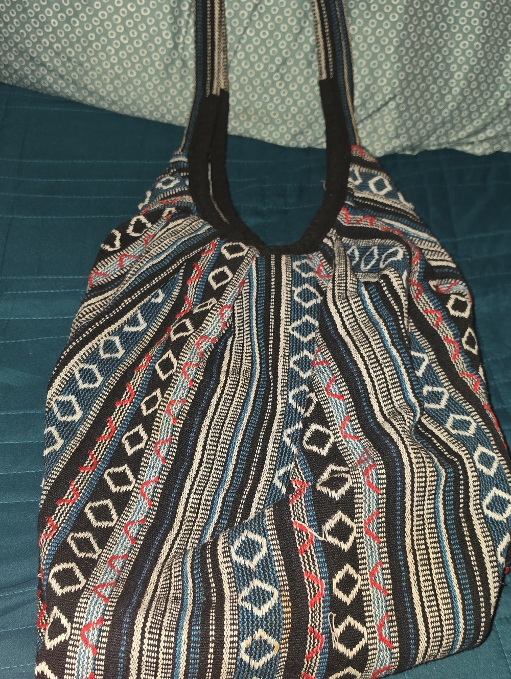 Boho Striped Woven Shoulder Bag in Black and Blue